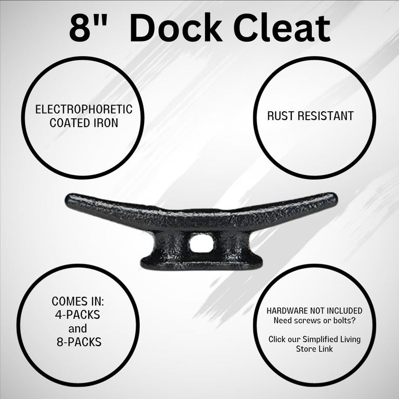 Simplified Living 8" Dock Cleat, Weatherproof Electrophoretic Coated Cast Iron Black Boat Cleat Tie Downs for Marine Pier or Decorative Nautical Maritime DÃ©cor, 4 or 8 Pack. - Image 2